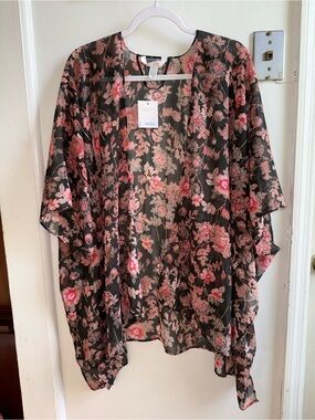 NWT LC Lauren Conrad Garden Floral Kimono Black One Size Sheer Cardigan Coverup